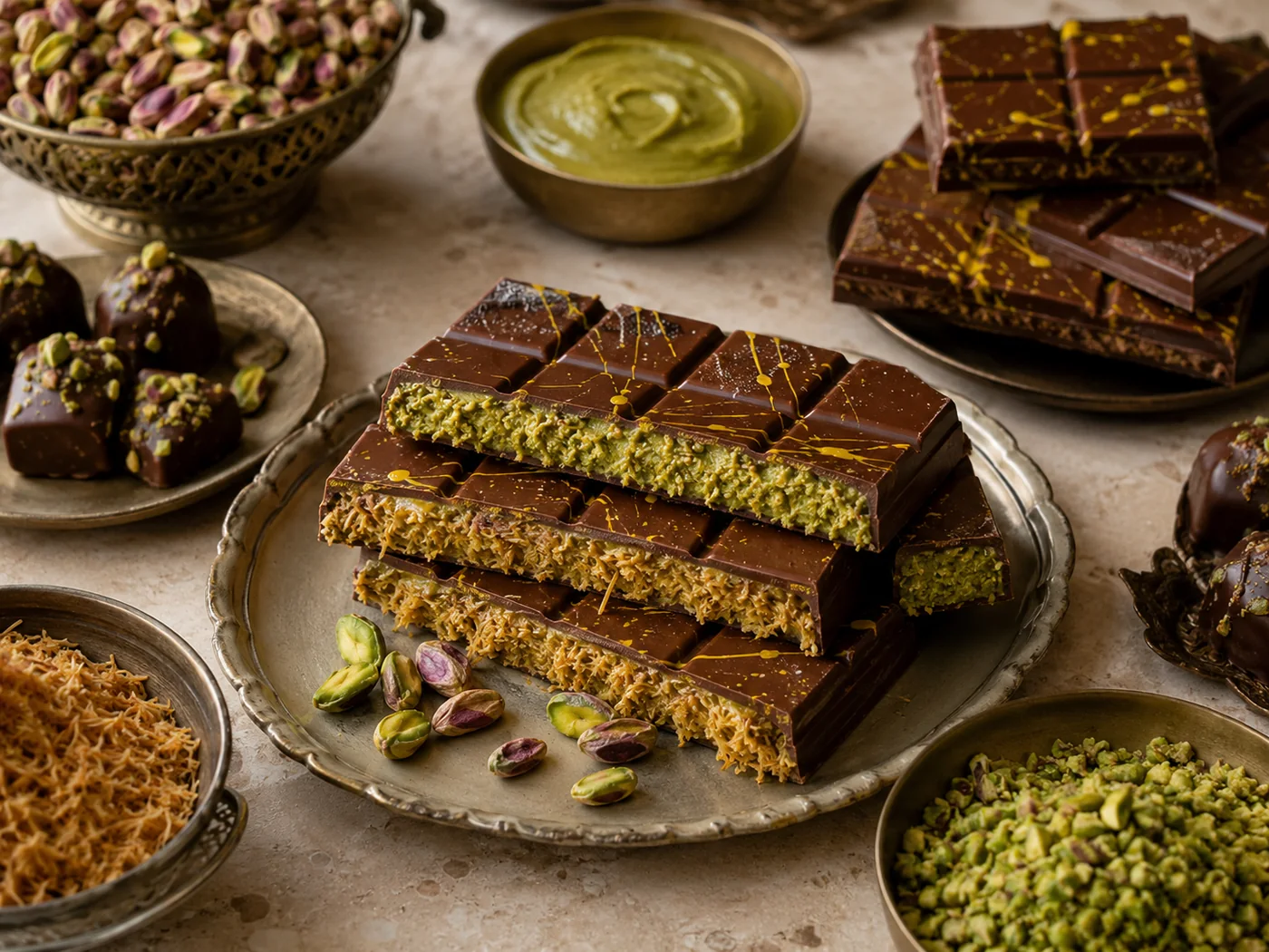Turrón de chocolate estilo Dubái con pistacho