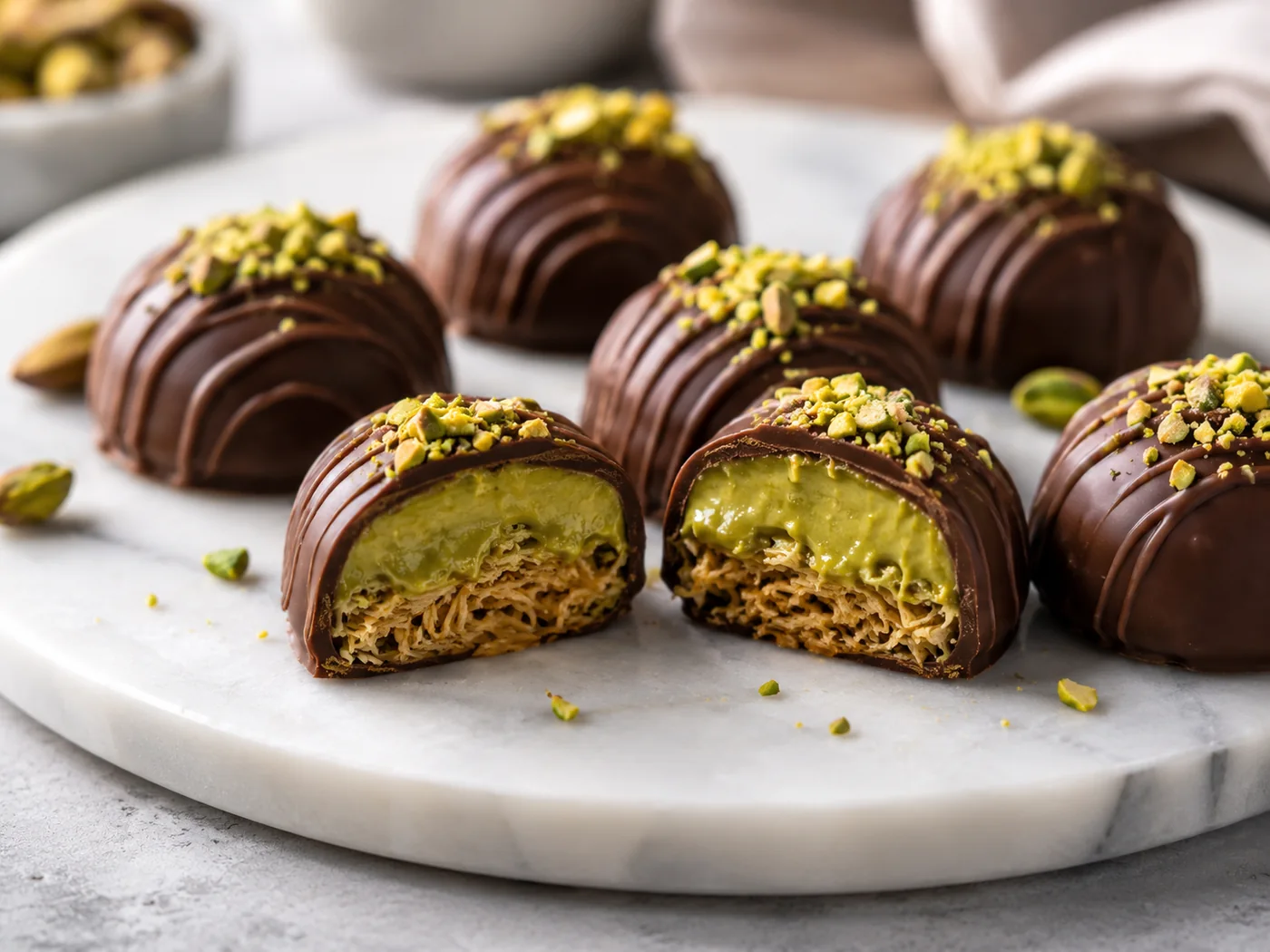Chocolate y bombones estilo Dubái con pistacho