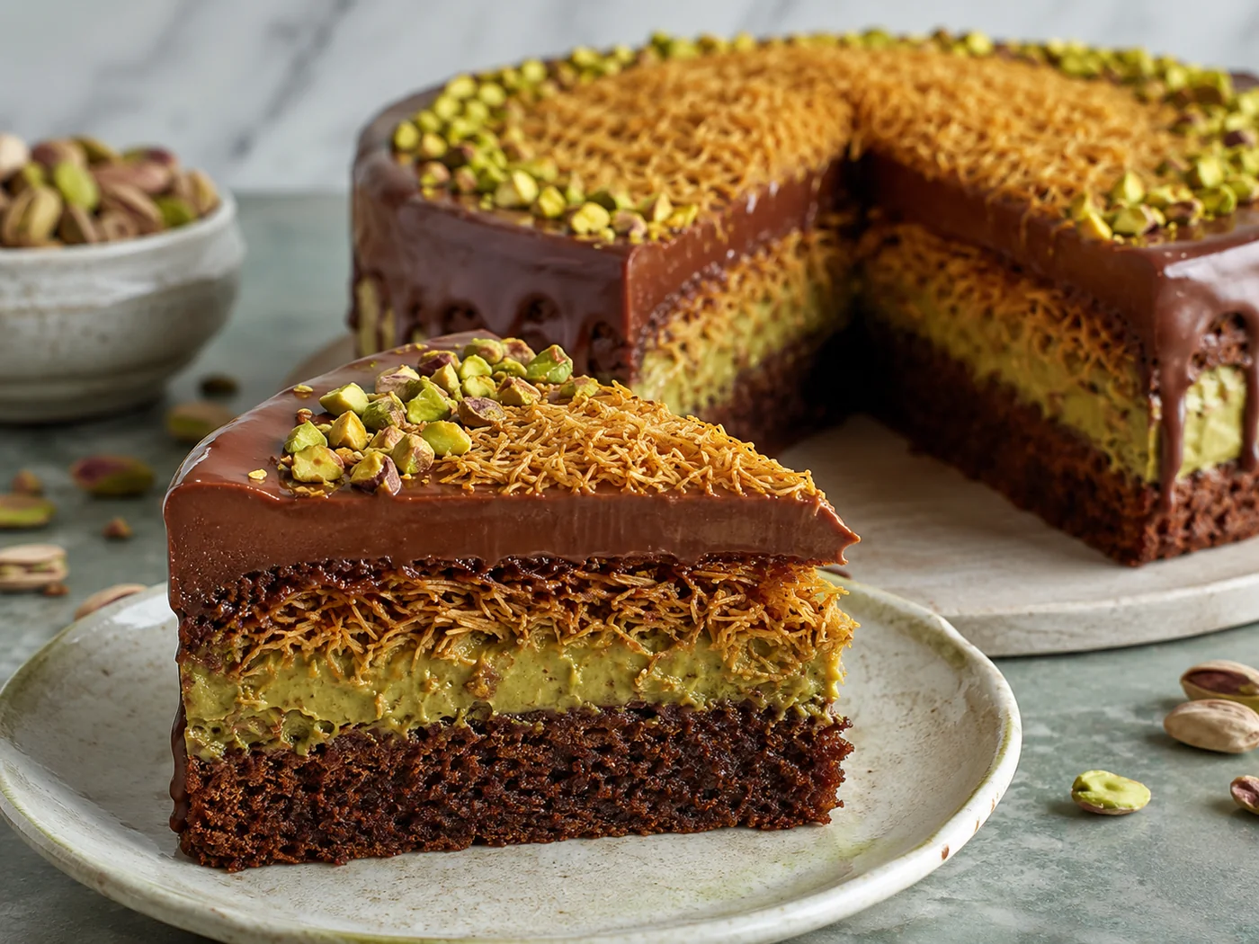 Postre de chocolate y pistacho estilo Dubái