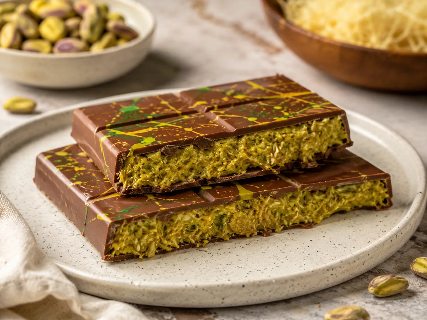 Tableta de chocolate estilo Dubái rellena de pistacho y kunafa