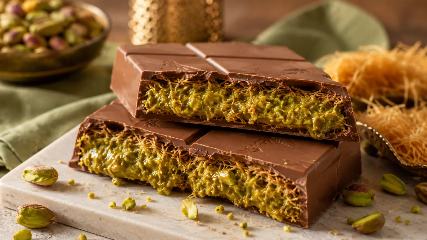 Tableta de chocolate estilo Dubái con relleno de pistacho y kataifi