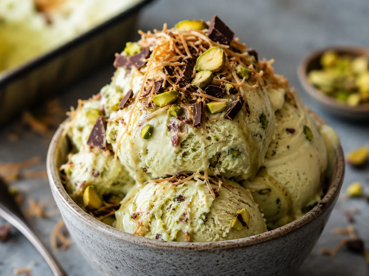 Helado cremoso con pistacho y chocolate